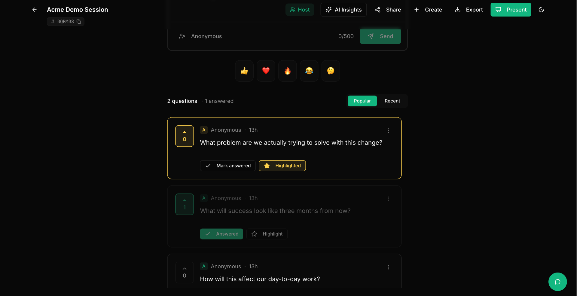 Approved question cards showing the Mark answered, Highlighted, and overflow menu controls