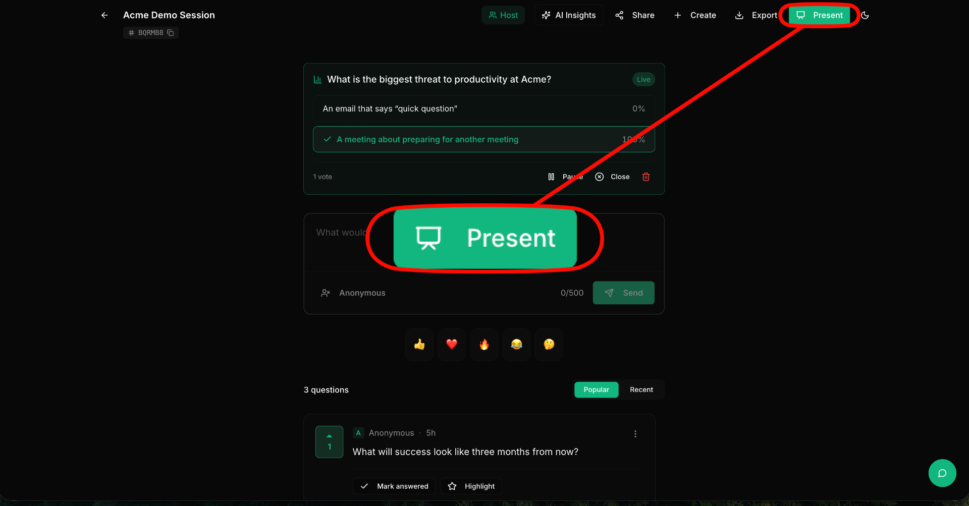 Session view showing the Present button highlighted
