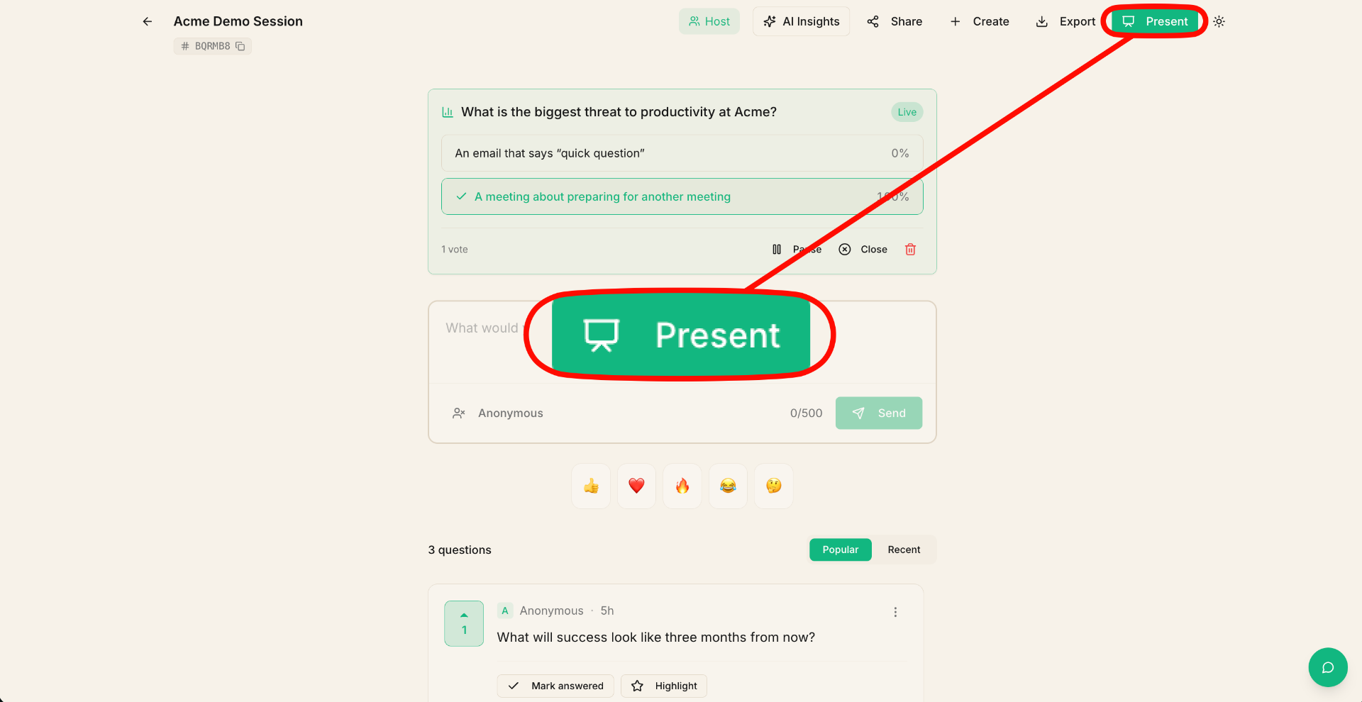 Session view showing the Present button highlighted