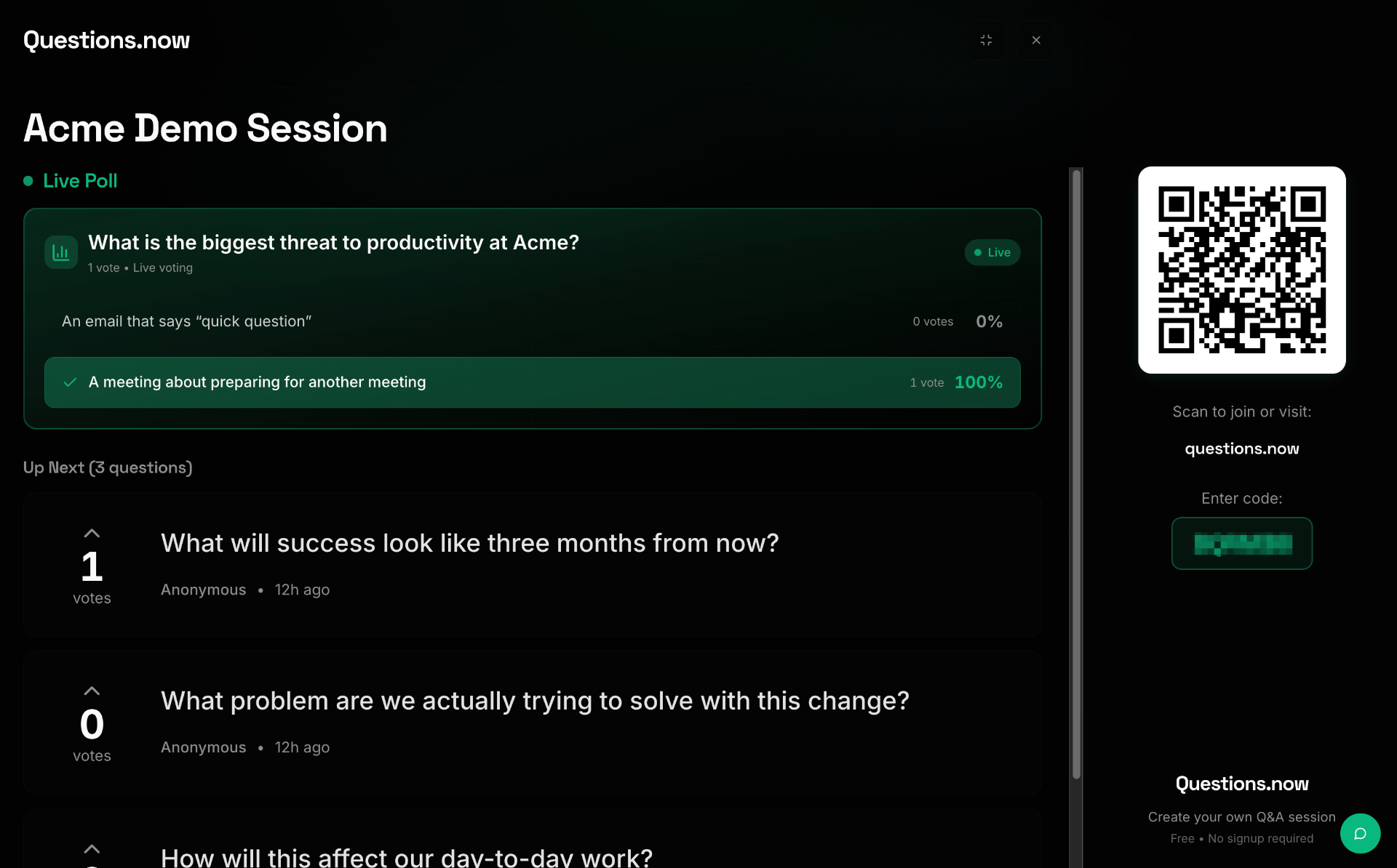 Presenter Mode view showing the QR code and session code prominently displayed