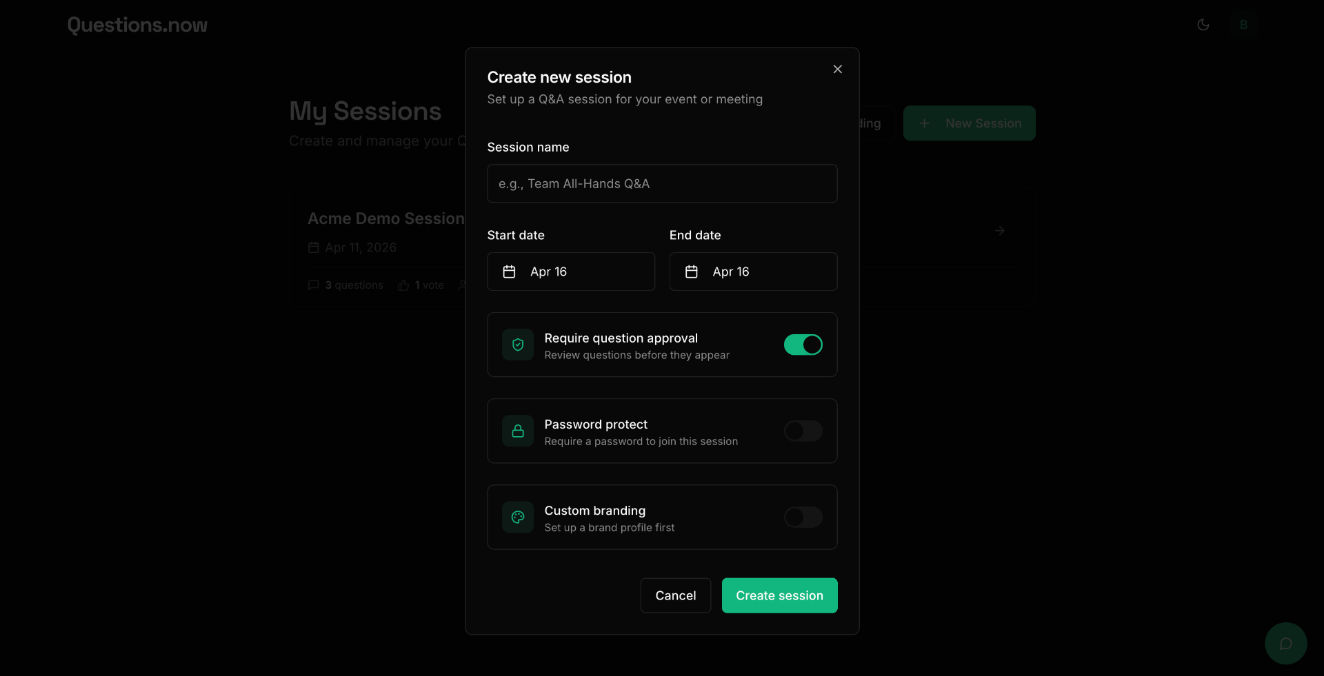 Create new session dialog with the Require question approval toggle enabled