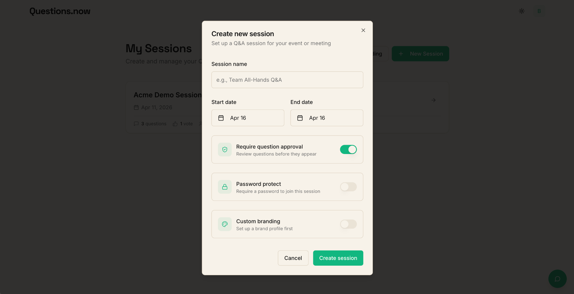 Create new session dialog with the Require question approval toggle enabled