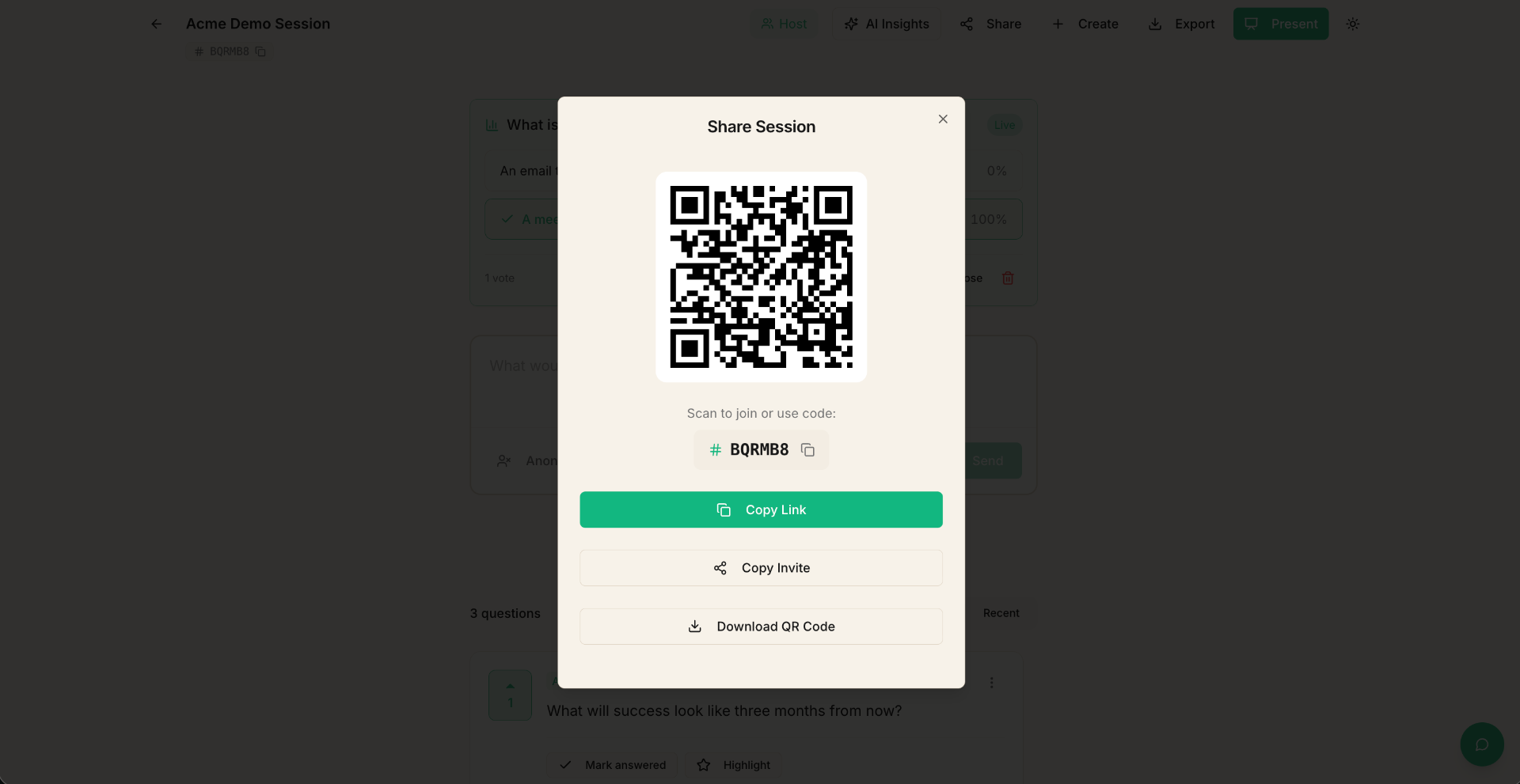 Share Session dialog showing QR code, session code, copy link, copy invite, and download QR code options