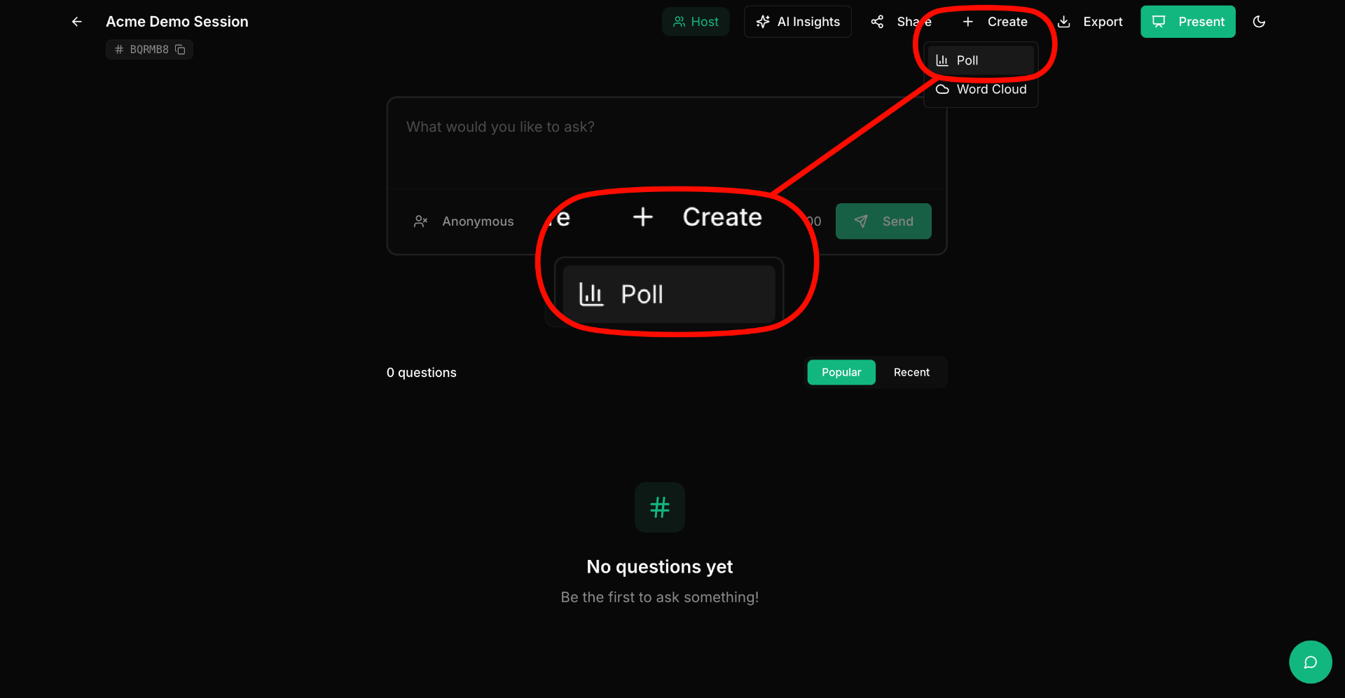 Session view showing the Create dropdown menu with Poll option highlighted