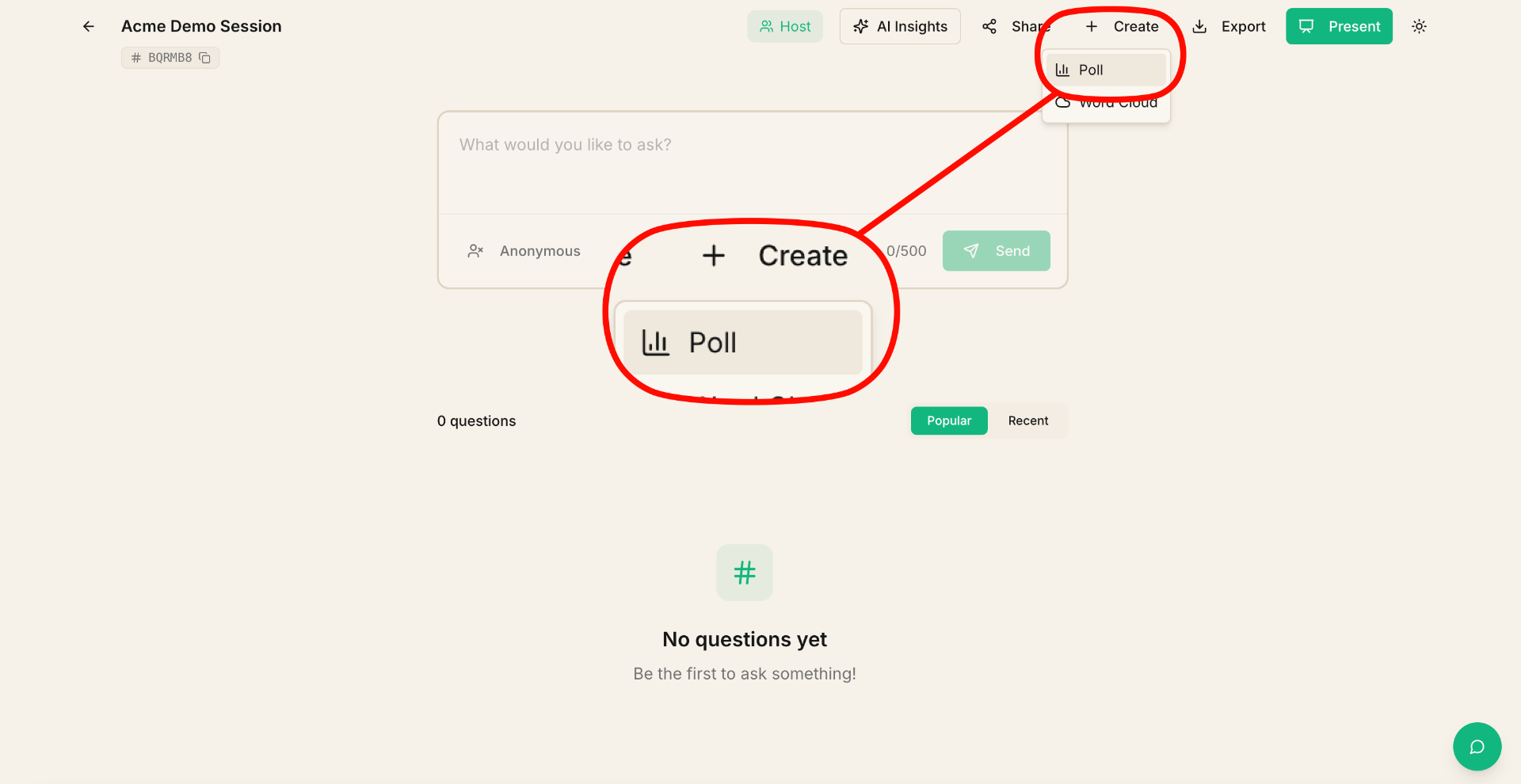 Session view showing the Create dropdown menu with Poll option highlighted