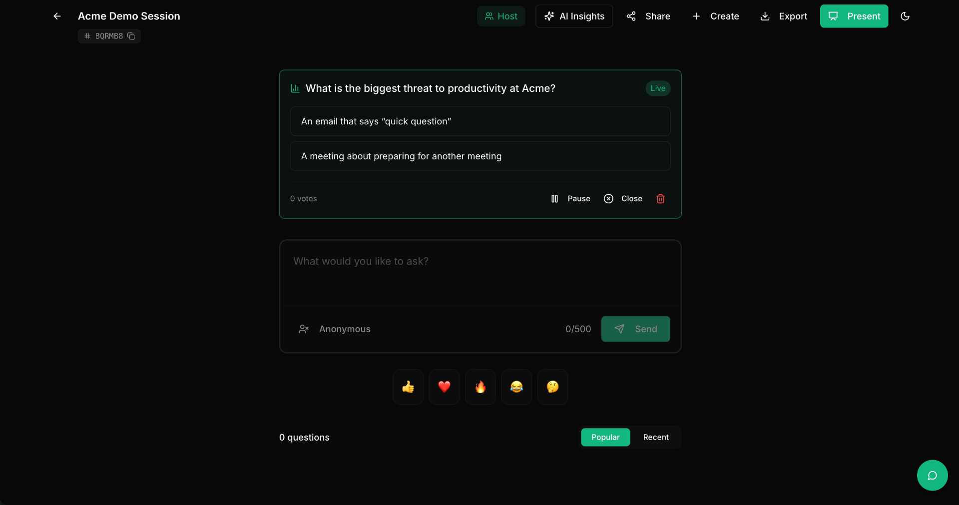 Live poll card showing the question, answer options, vote count, and Pause/Close controls