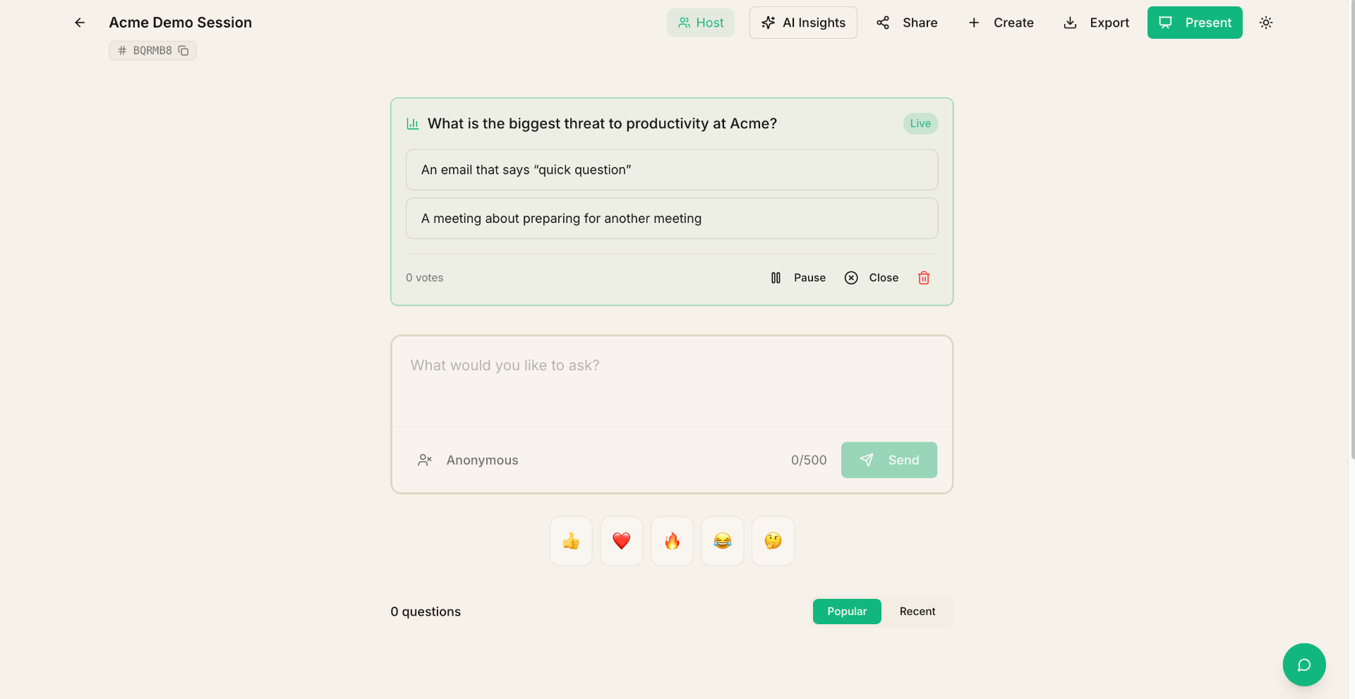 Live poll card showing the question, answer options, vote count, and Pause/Close controls