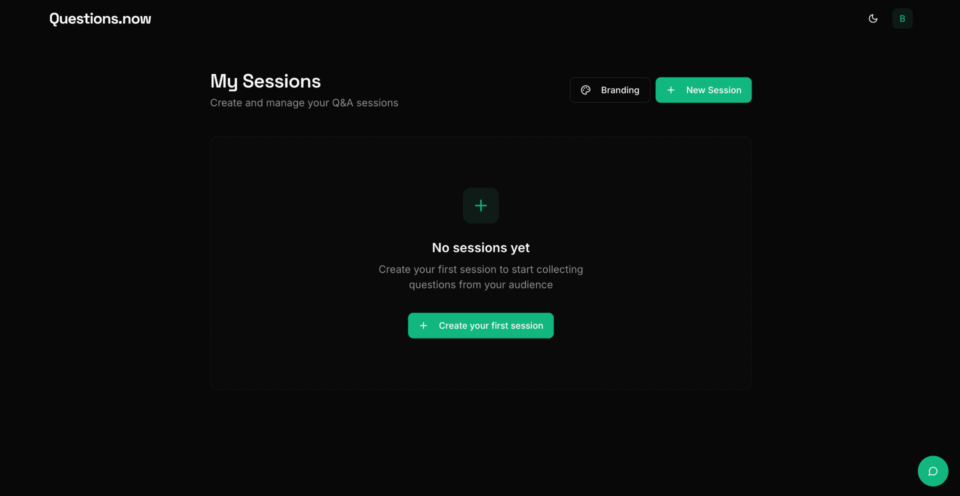 Dashboard view showing the New Session button in the top-right corner