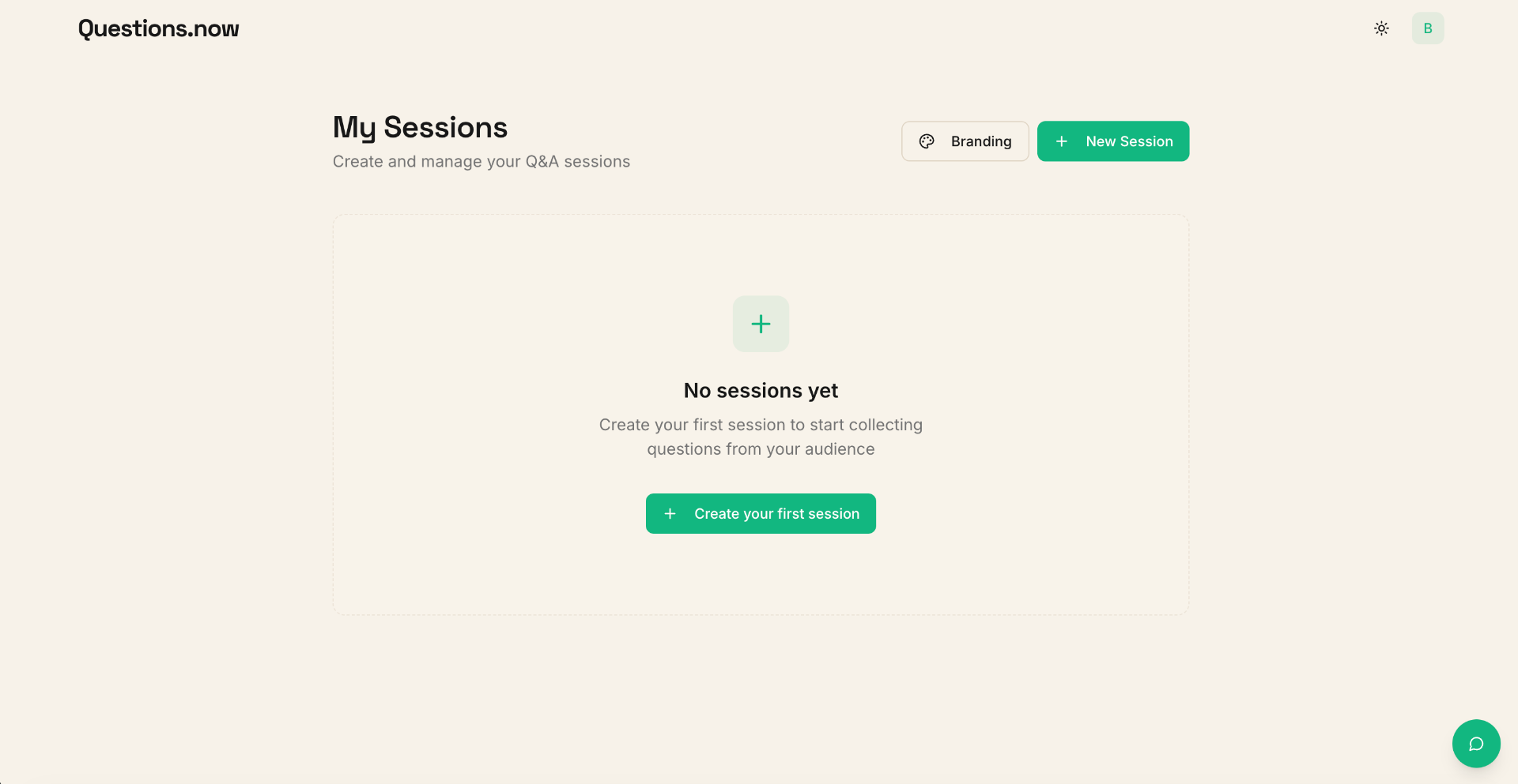 Dashboard view showing the New Session button in the top-right corner