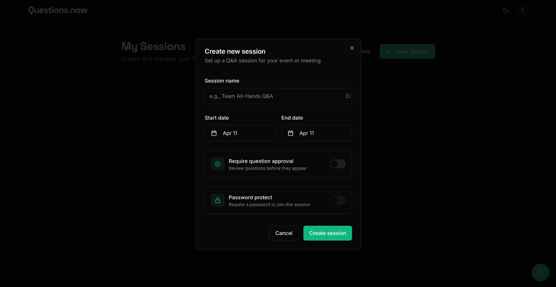 Create Session dialog with session name, dates, moderation and password options