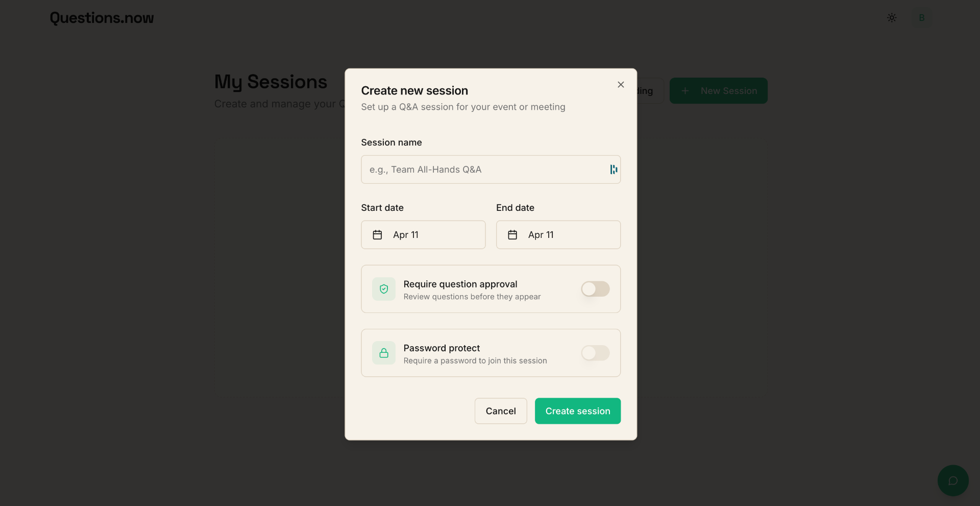 Create Session dialog with session name, dates, moderation and password options