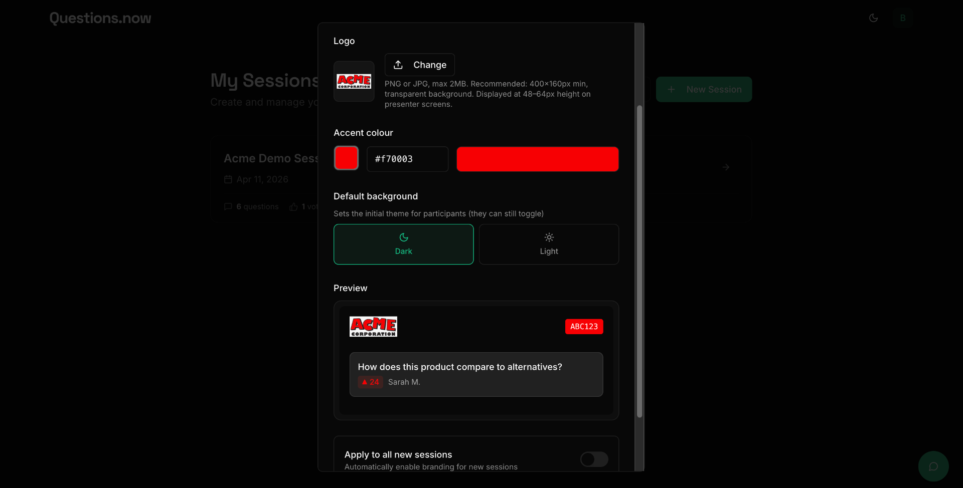 Brand Profile dialog showing brand name, logo upload, accent color picker, and default background options