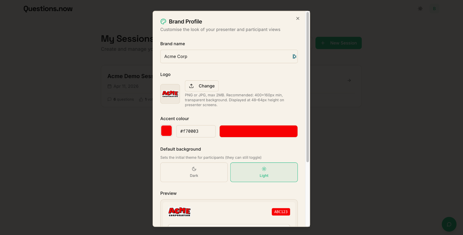 Brand Profile dialog showing brand name, logo upload, accent color picker, and default background options