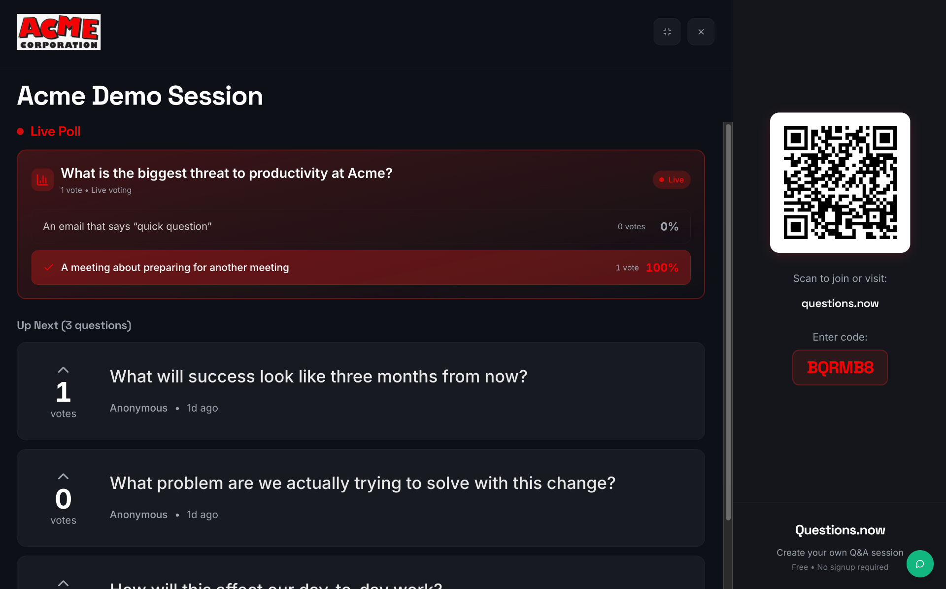Branded Presenter Mode session showing custom Acme Corporation logo and red accent color