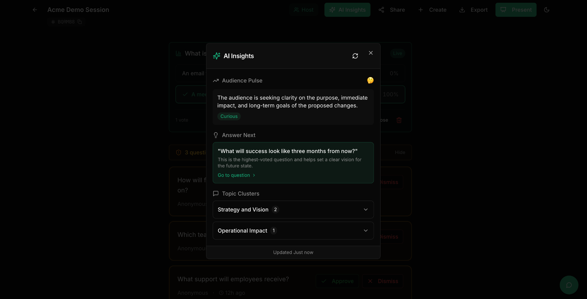 Session view with the AI Insights panel open showing Audience Pulse, Answer Next, and Topic Clusters